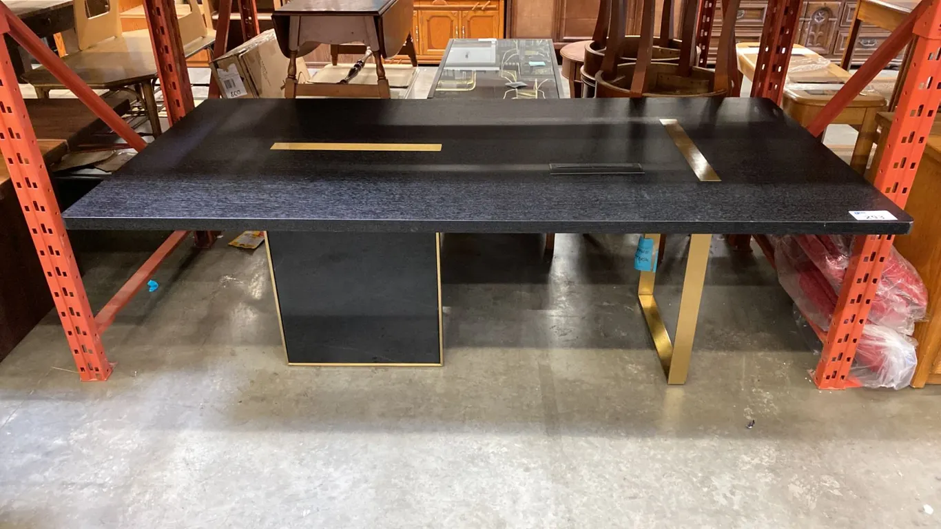 CONTEMPORARY BLACK & BRASS EXECUTIVE DESK - APPROX. 88" X 43" X 30" HIGH