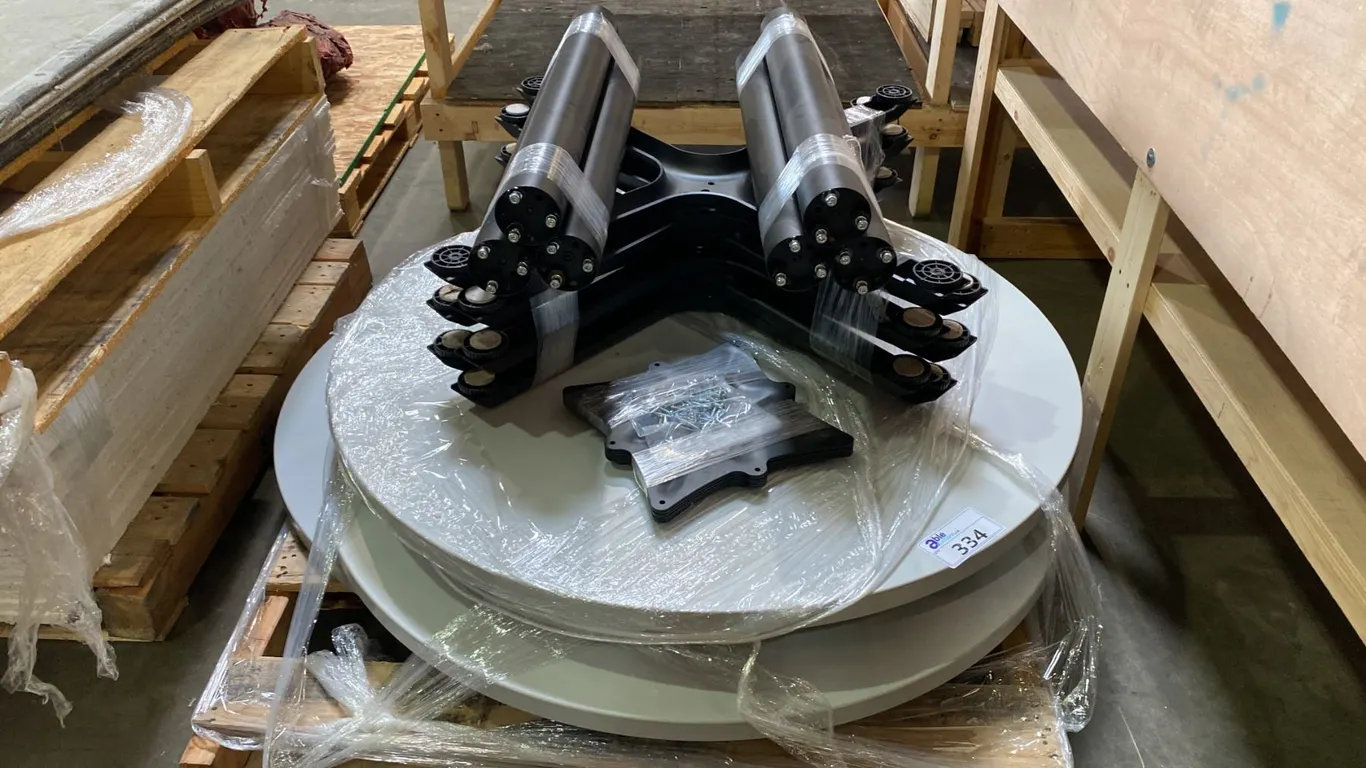 GROUP OF 6 ROUND GREY TABLES - 3 1/2FT DIAMETER TOPS