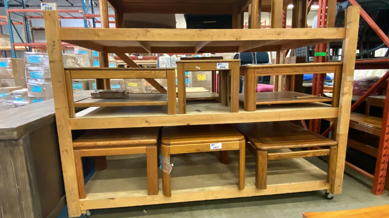 LARGE WOODEN MOBILE STORAGE SHELF -APPROX. 99" X 51" X 72" HIGH