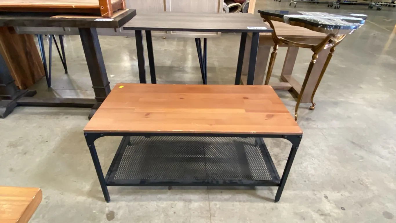 SMALL GREY WRITING DESK AND SMALL BLACK & NATURAL METAL COFFEE TABLE