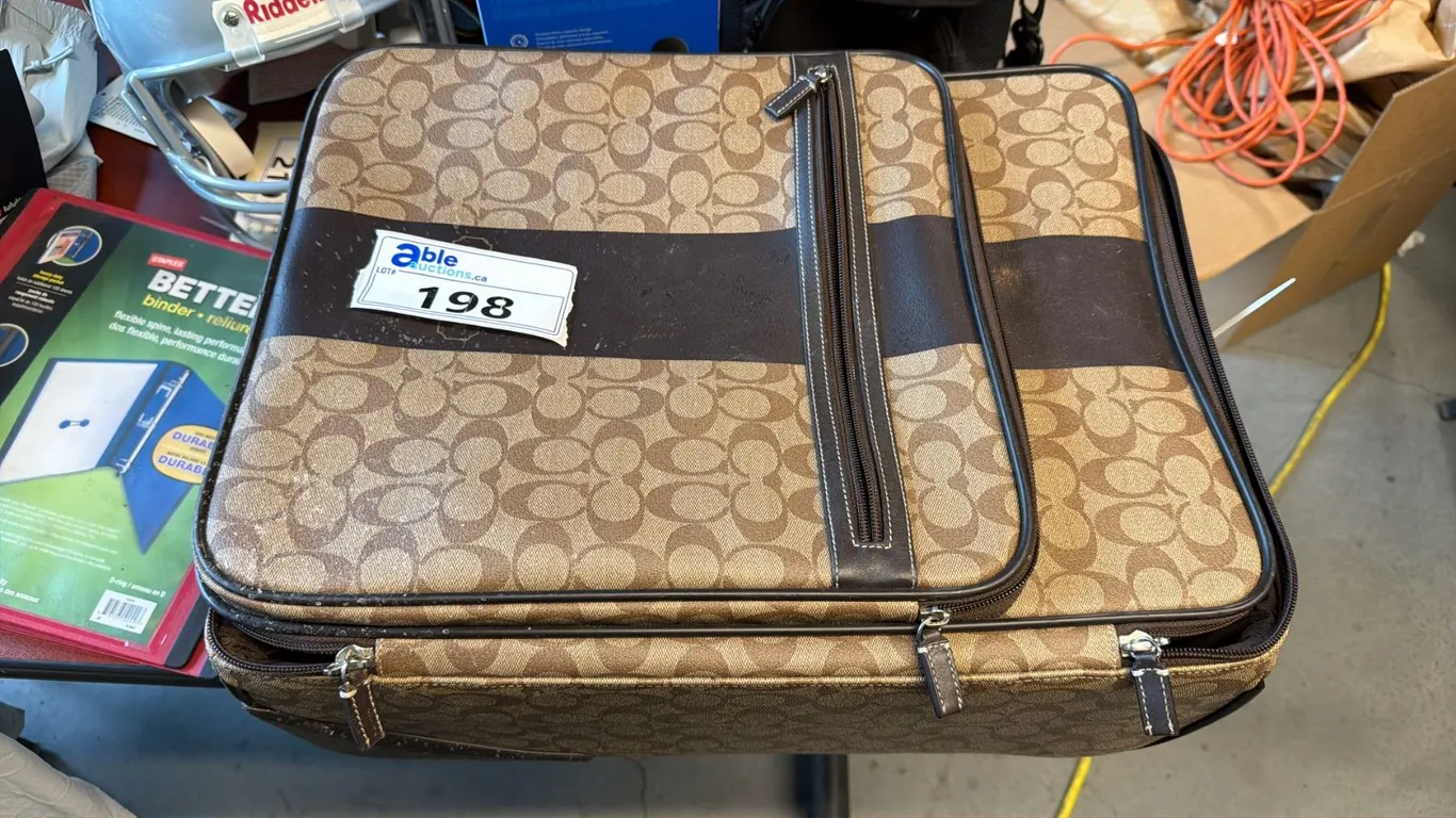 BROWN TWO-WHEEL ROLLING CARRY-ON CABIN SUITCASE COATED CANVAS HERITAGE STRIPE