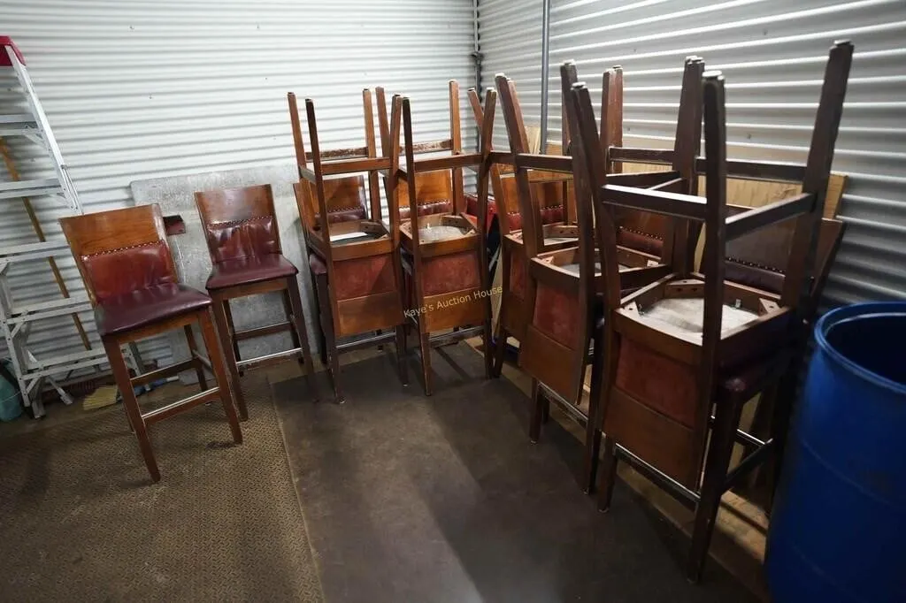 12-wooden bar stools with leather seats and back