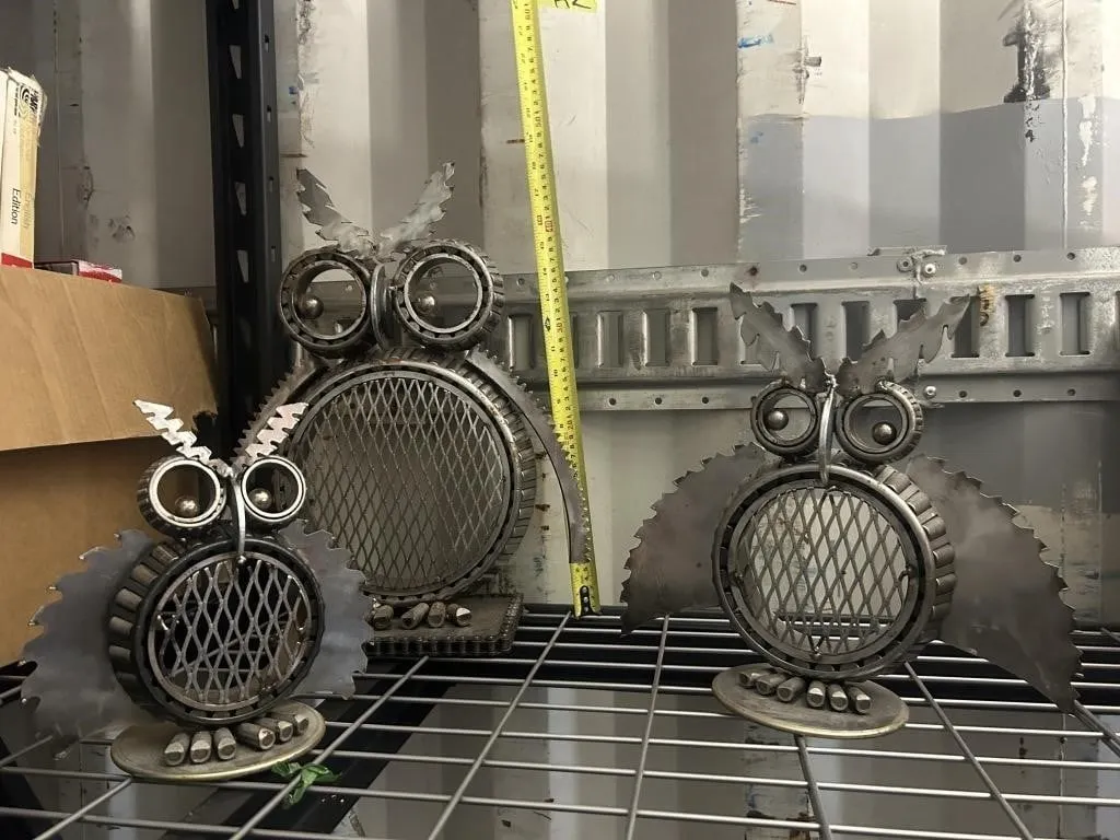 Scrap metal owl sculptures, set of 3