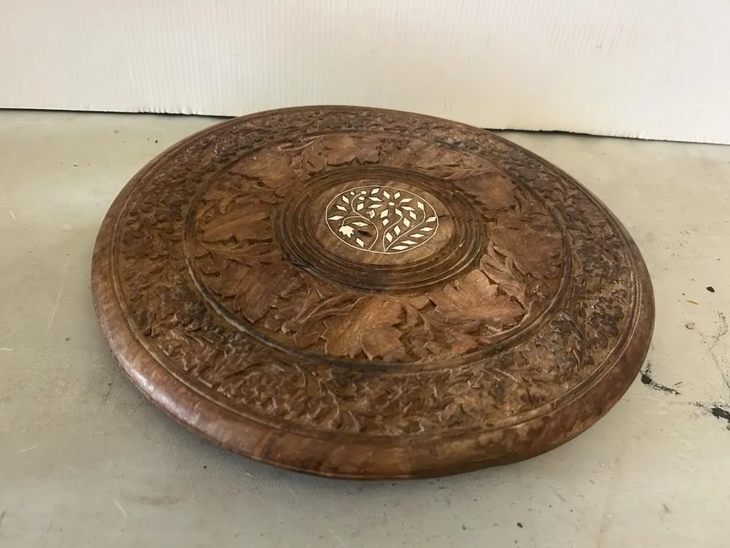 Carved Wood Round Plate with Inlaid Floral Design