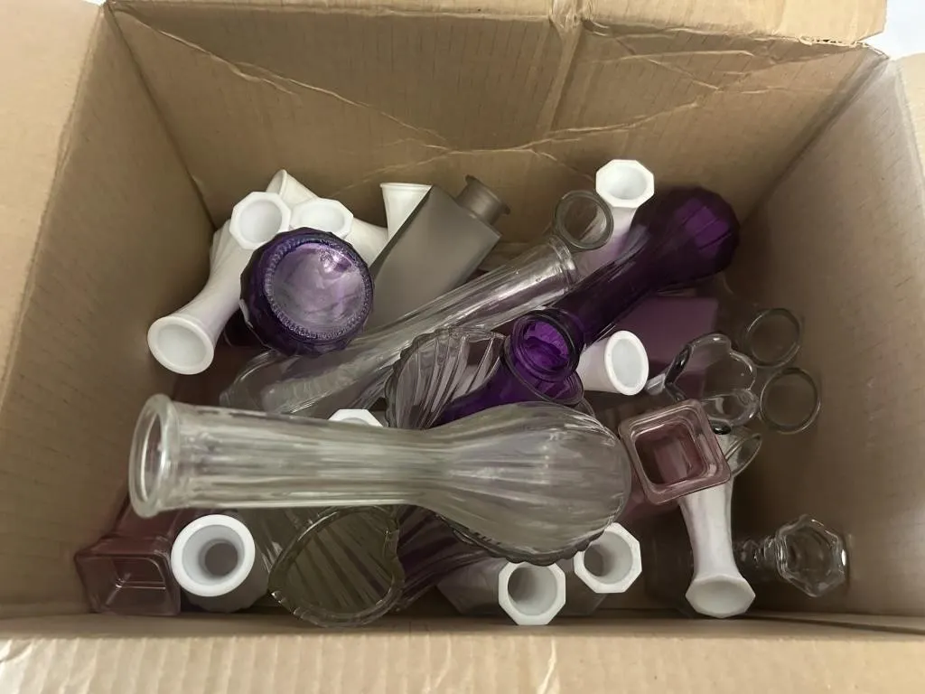 Box of Assorted Bud Vases, Glass & Ceramic