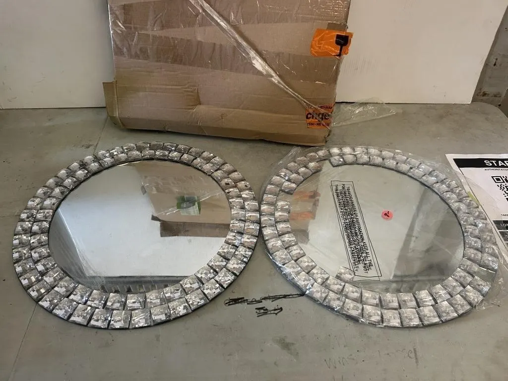 Pair of round crystal-tiled wall mirrors