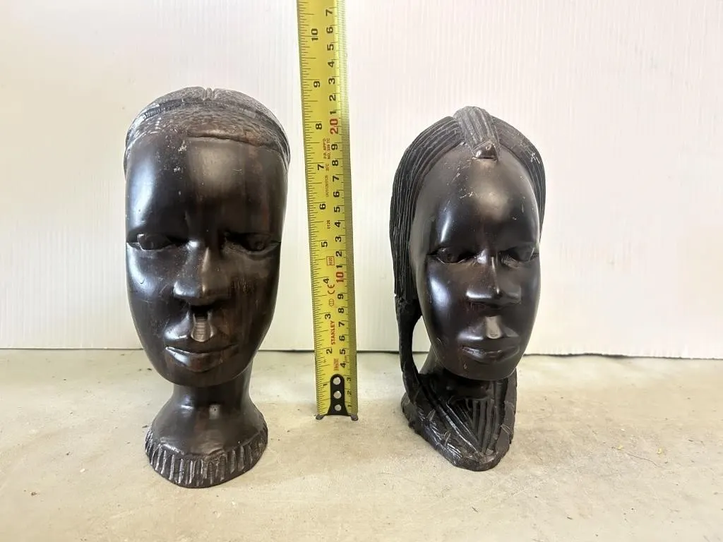 Pair of Carved Wood African Head Bust Sculptures
