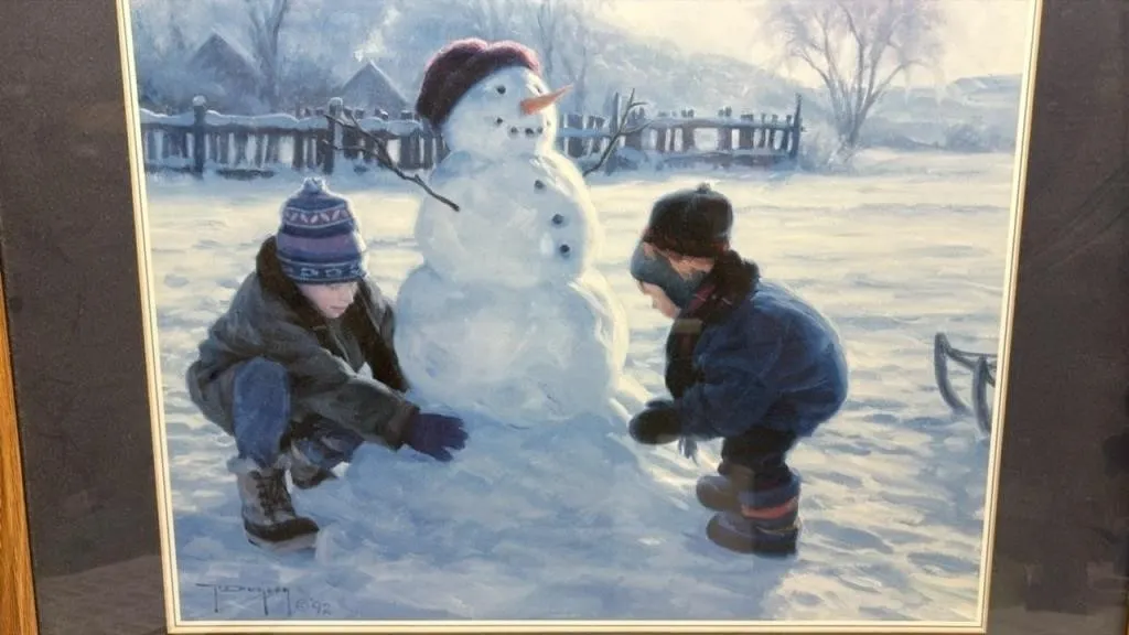 Vintage Art Print Kids & Snowman