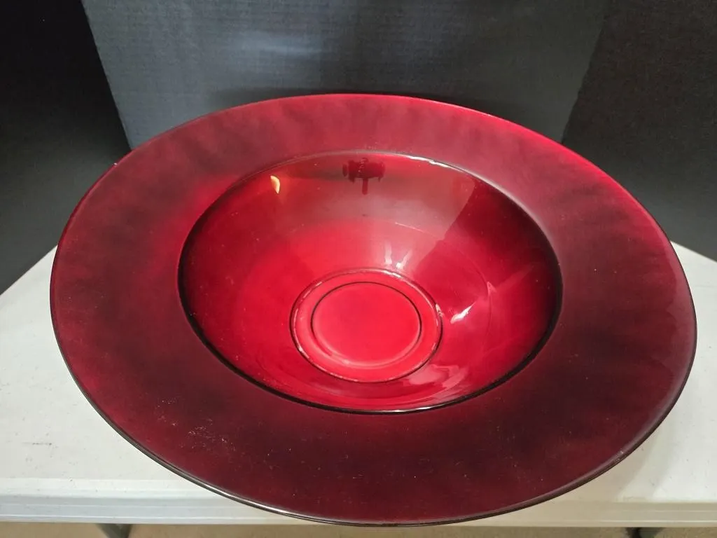 19.25" Diameter Red Glass Bowl with a Wide flat