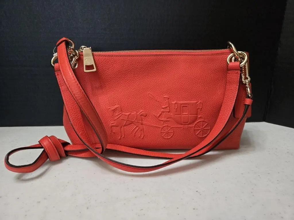 Red Pebbled Leather Coach Embossed Horse and