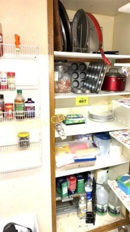 SHELF CONTENTS, BAKING PANS,DISHES,SUGAR, ETC.