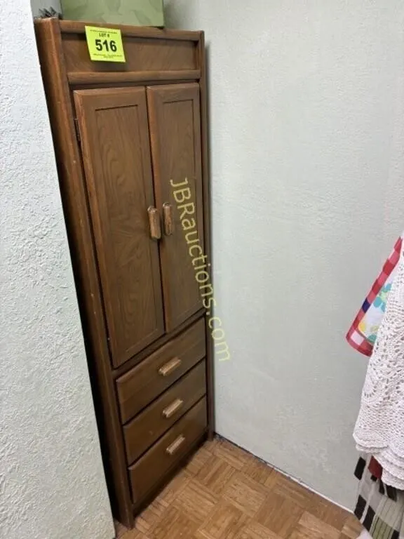 WOOD STORAGE CABNET AND CONTENTS