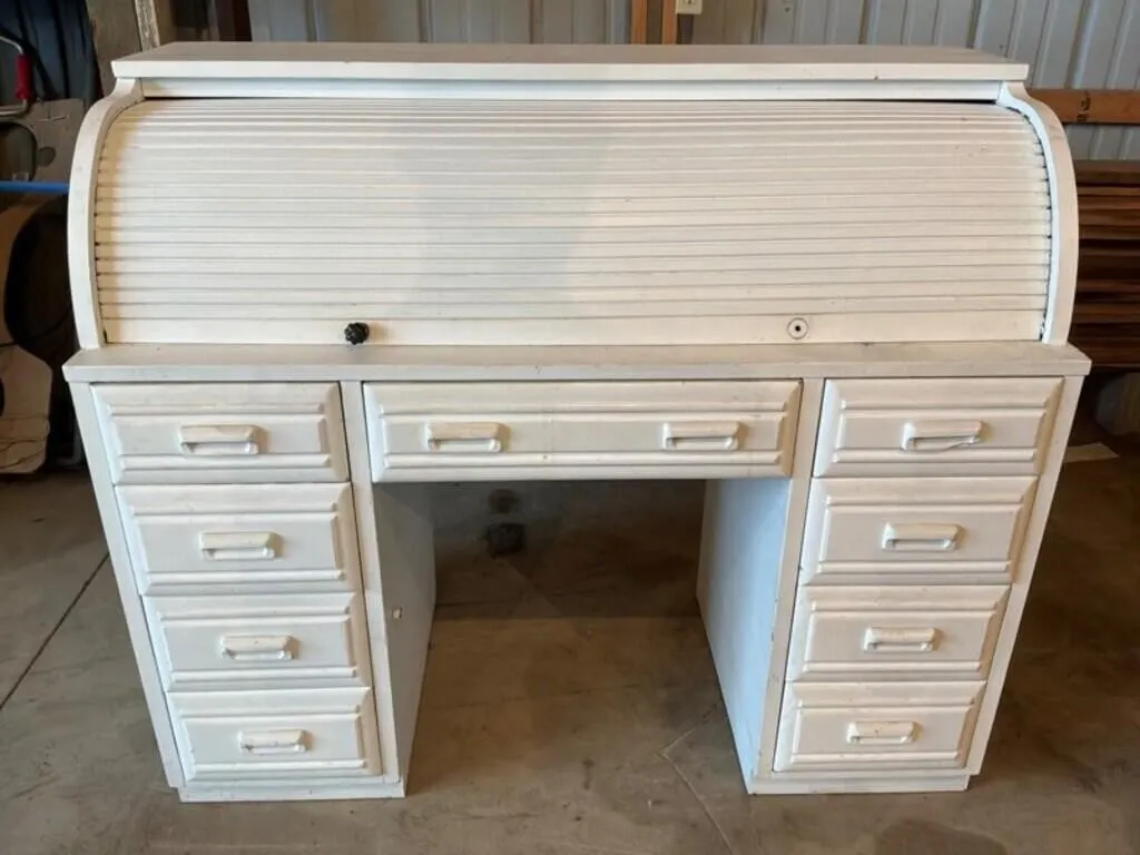 White Painted Roll-Top Desk with Drawers