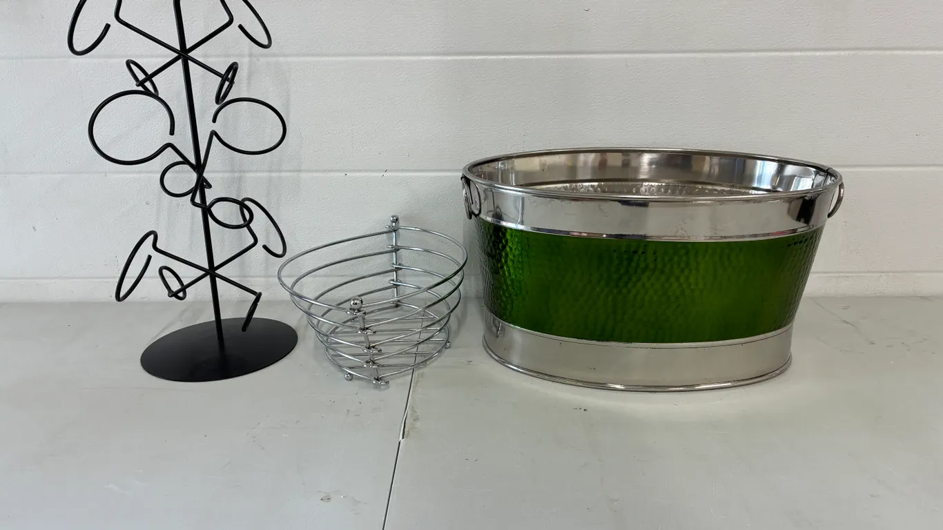 Tin Bucket, Wine Holder and Basket