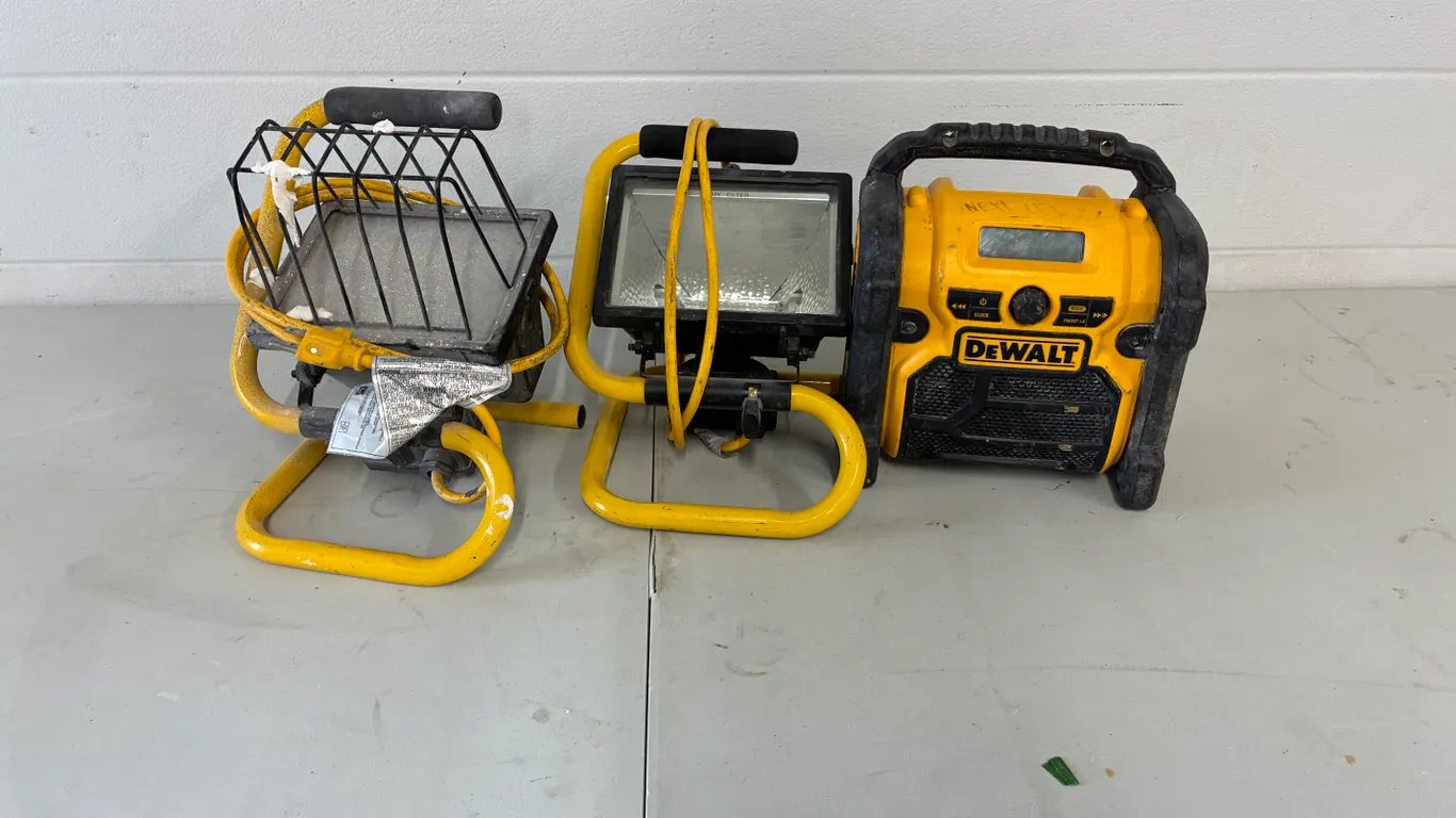 (2) Work Lights and DeWalt Radio