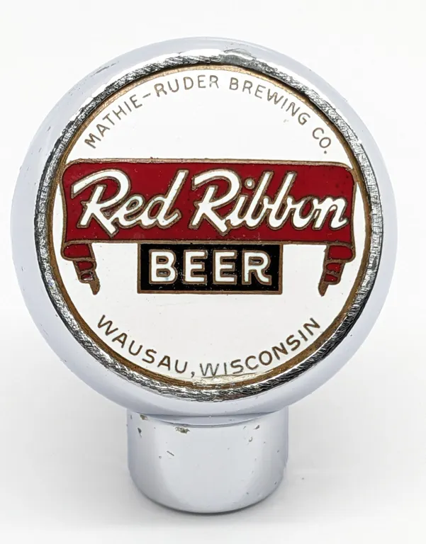 BALL TAP KNOB HANDLE RED RIBBON BEER WAUSAU WISCONSIN (ROBBINS)
