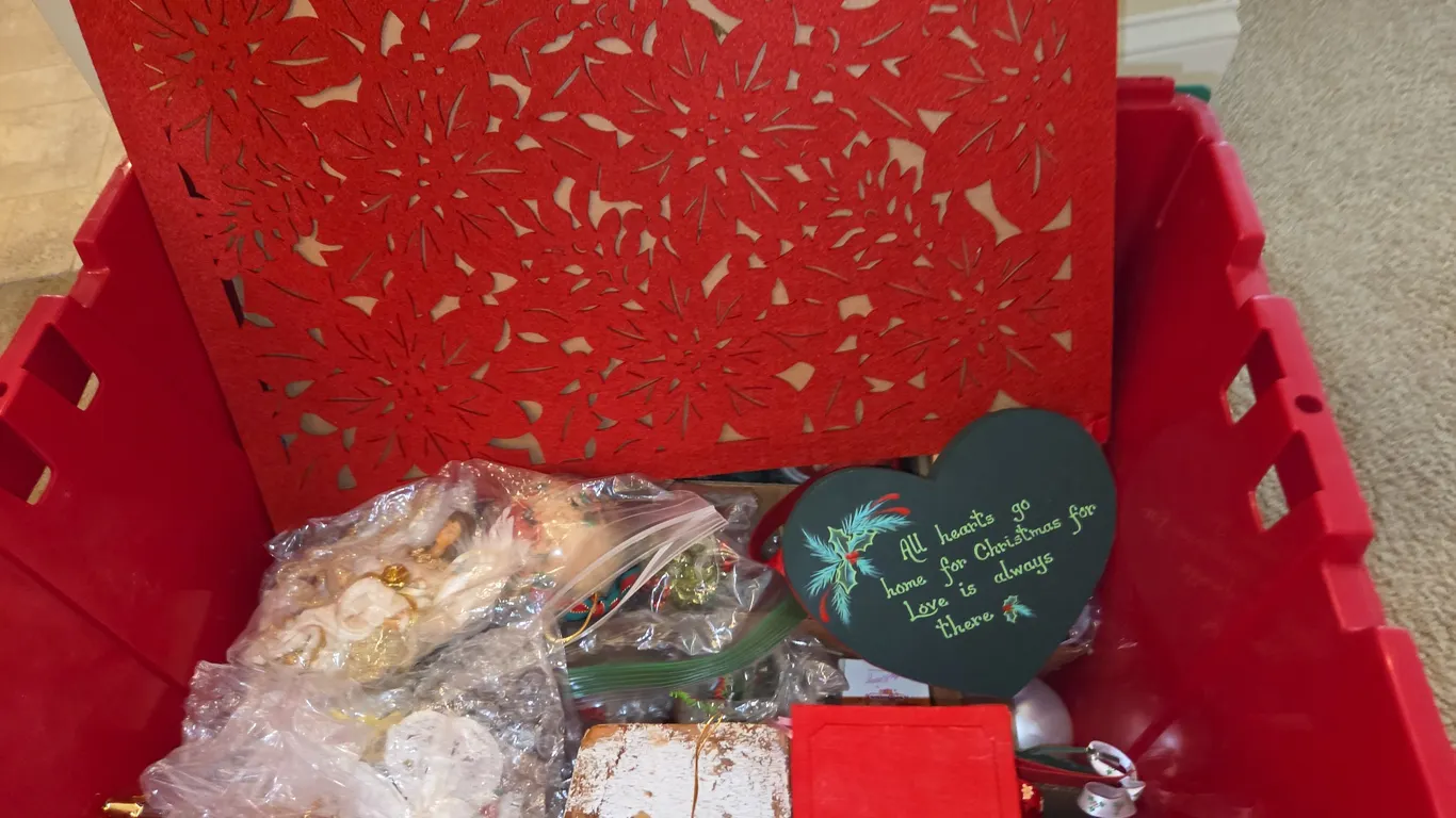 Tote full of Christmas items