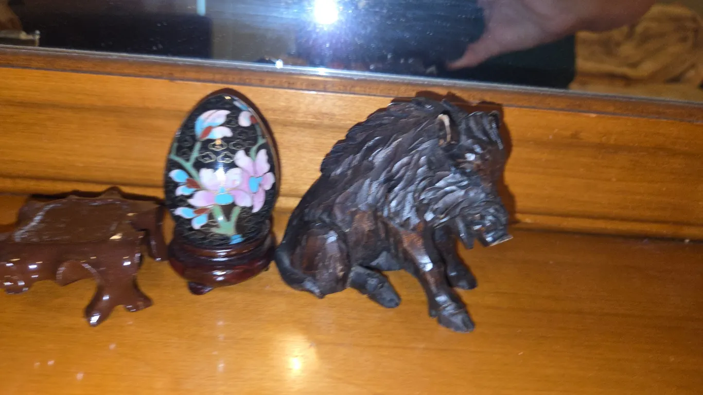 Unique wharthog egg and wood stand- all mini