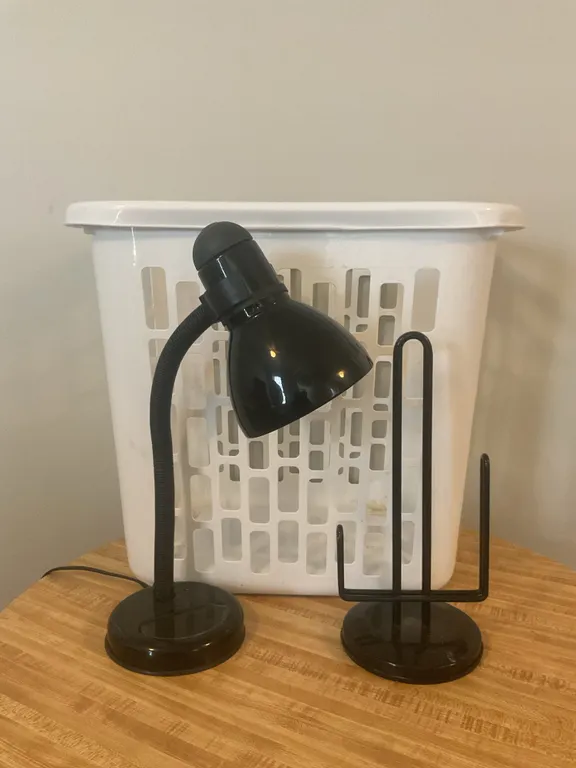 Black Desk Lamp, Paper Towel Holder & Laundry Basket