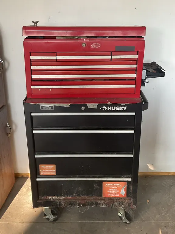 Husky Rolling Tool Chest with Red Top Box & Large Assortment of Tools