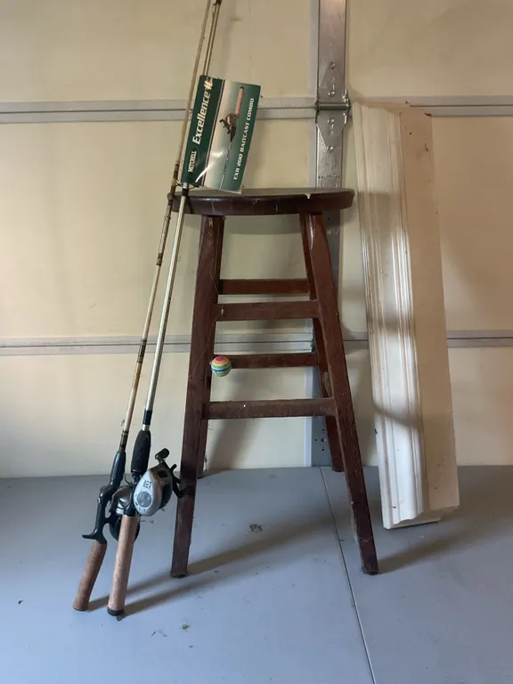 Fishing Rods, Reels & Wooden Stool