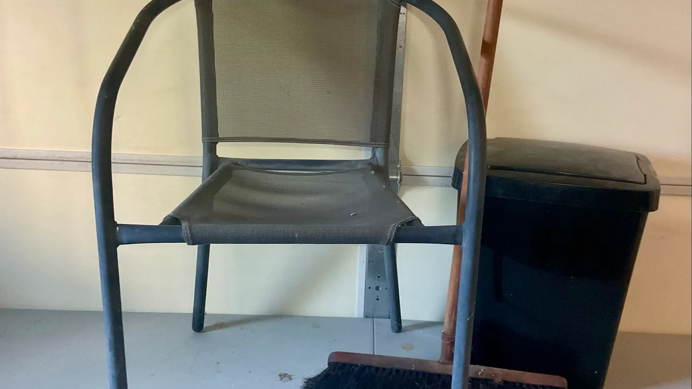 Patio Chair, Broom & Trash Can