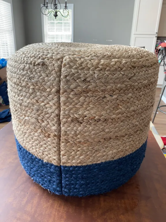 Modern Woven Pouf Ottoman – Blue and Cream Patterned Footstool