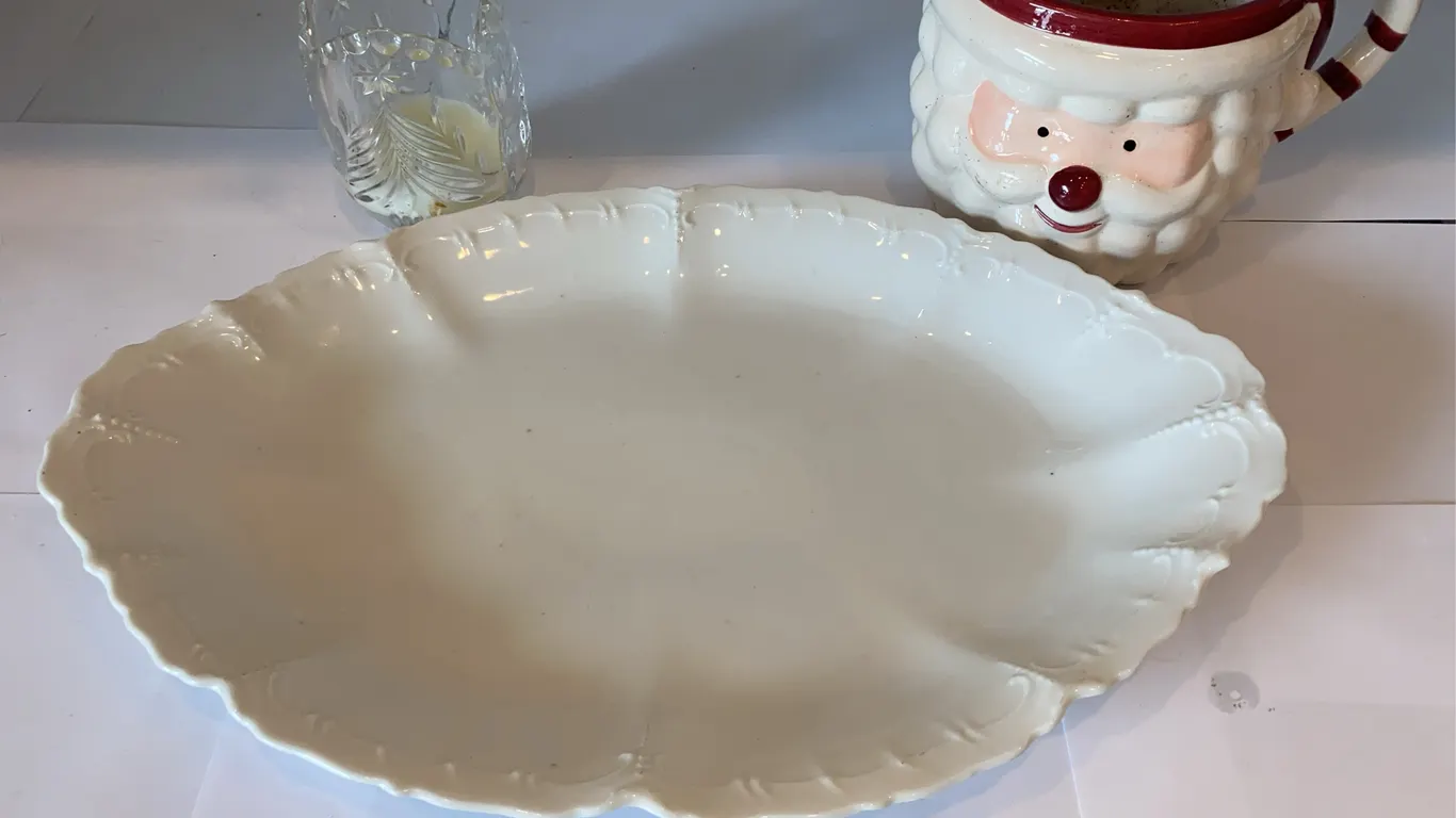 White Serving Platter, Santa Planter & Crystal Candleholder
