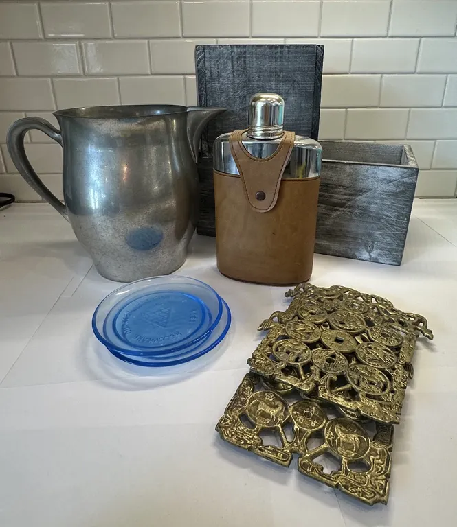Decorative Items, Pewter Pitcher, Leather Flask, and Collectibles