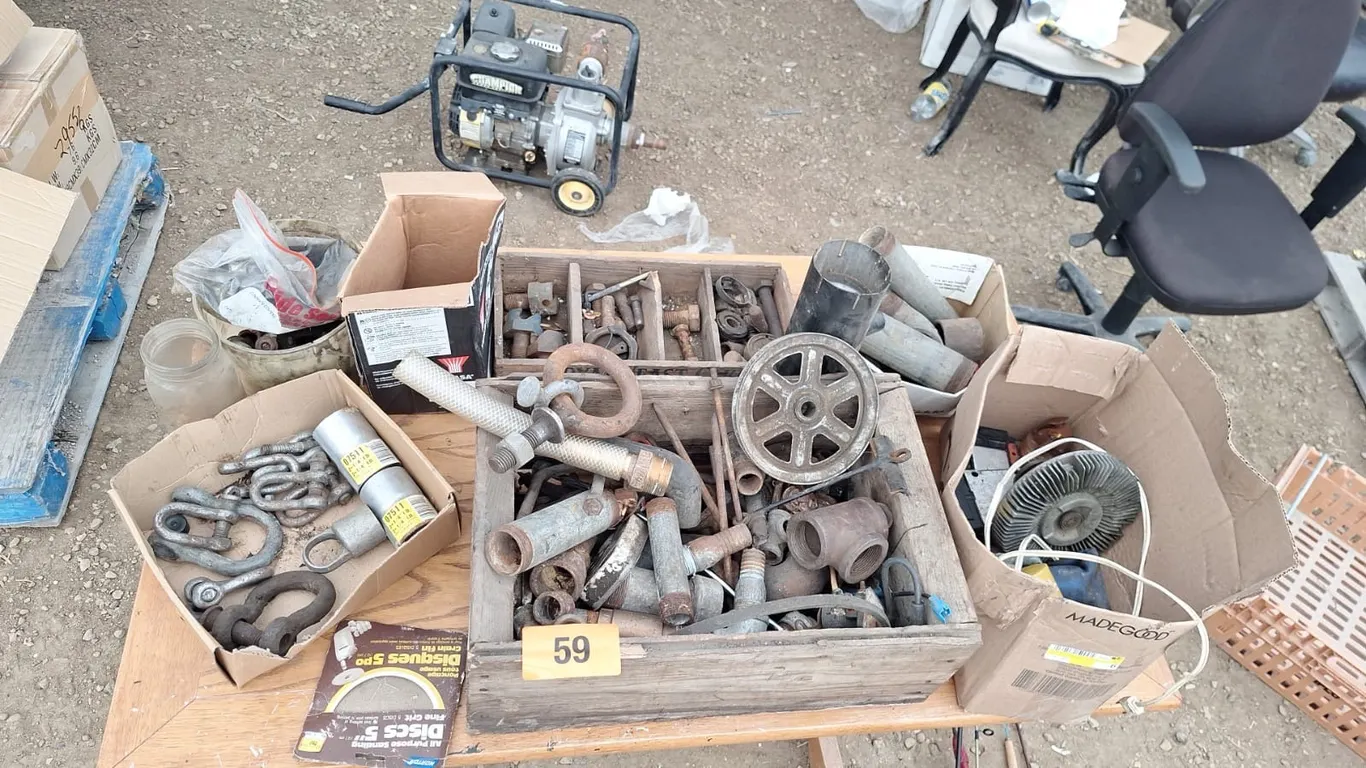 Miscellaneous lot of fittings and parts, old royal yeast wood box and more