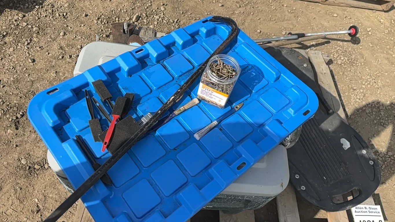 TRAILER JACK, JACK STAND, ICE AUGER, AXE, DRILL, CREEPER, SCREWS, PRY BAR, ASSORTED POWER TOOLS