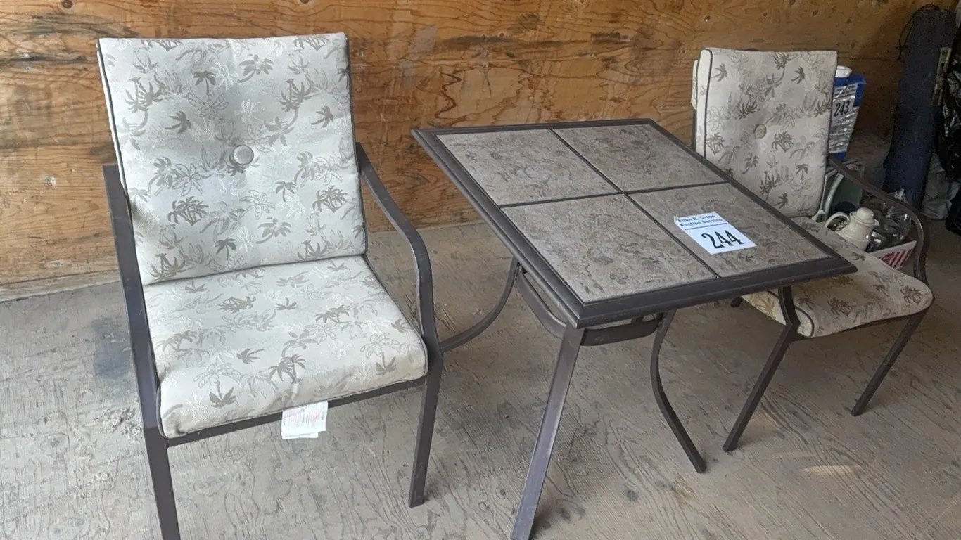 PATIO TABLE SET w/ 2 CHAIRS & CUSHIONS