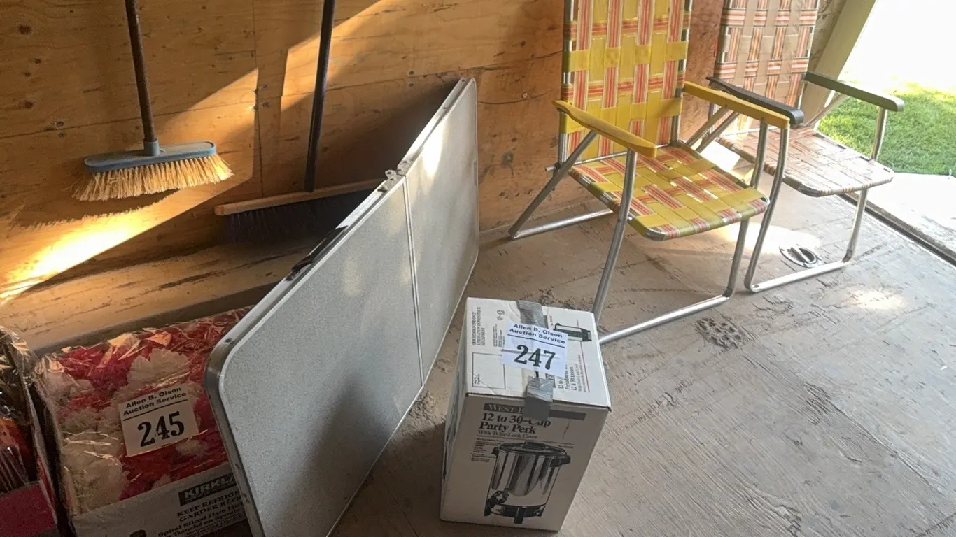 FOLDING METAL TABLE, PARTY COFFEE PERK LIKE NEW & 2 VINTAGE WEB LAWN CHAIRS