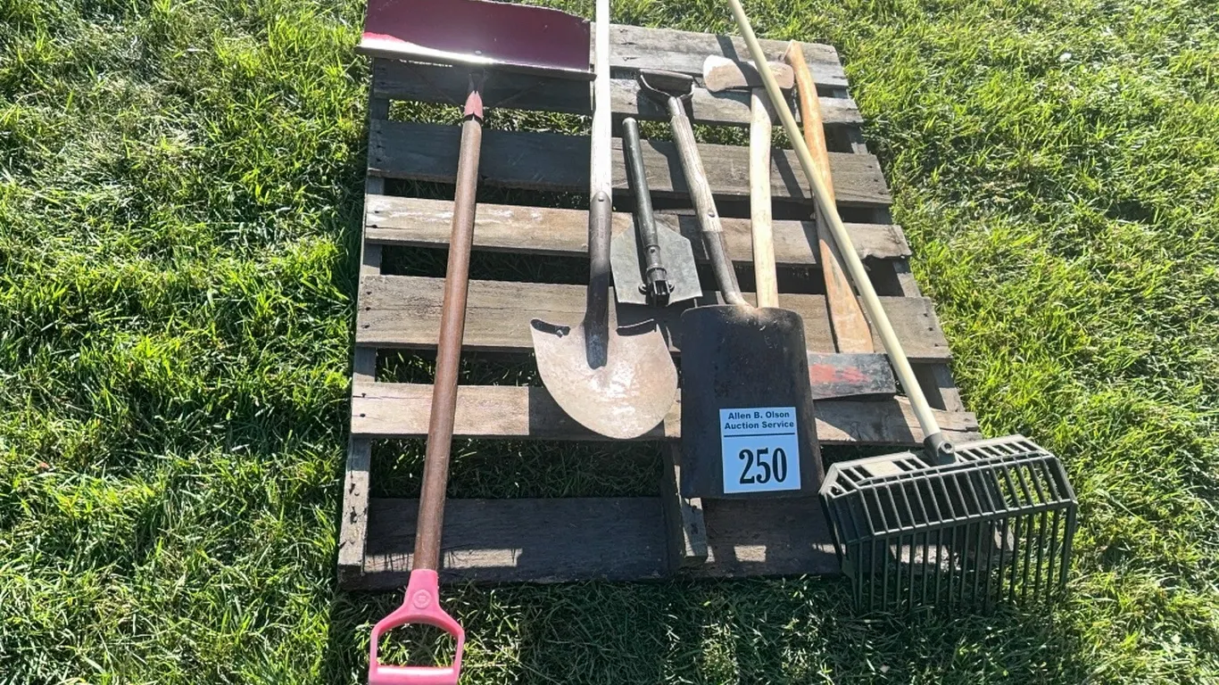 2 AXES, 2 SHOVELS, 1 SNOW SHOVEL, 1 FOLDING SHOVEL, 1 MUCK RAKE