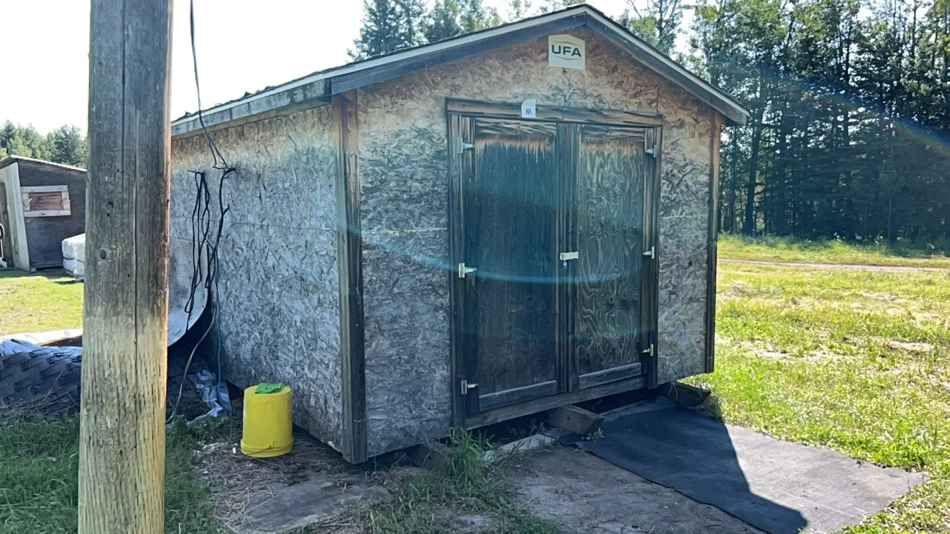 10'Wx16'L WOODEN SHED ON SKIDS - CONTENTS NOT INCLUDED - SHED WILL BE AVAILABLE LAST DAY OF LOADOUT SO ITEMS CAN BE REMOVED