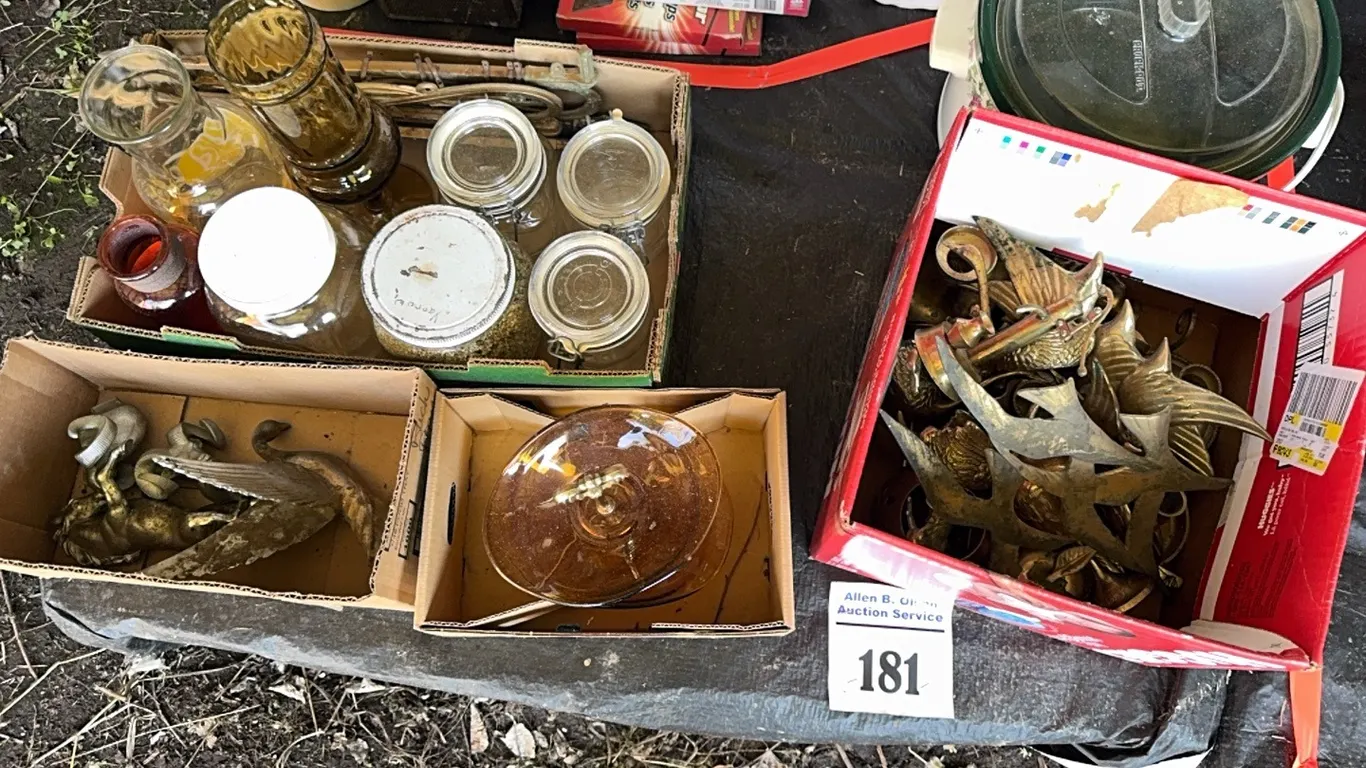 LG COLLECT ION OF BRASS ORNAMENTS, GLASSWARE, SNAP TOP LIDS, CROCKPOT & MORE