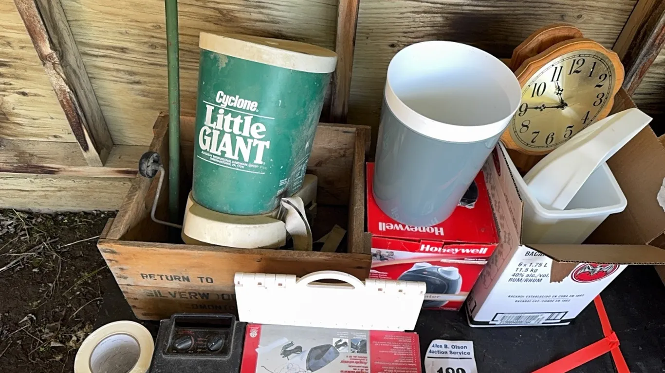 LITTLE GIANT FRASS/FERTILIZER SPREADER, SMALL SYTHE, CLOCK, 2 - HEATERS & MORE