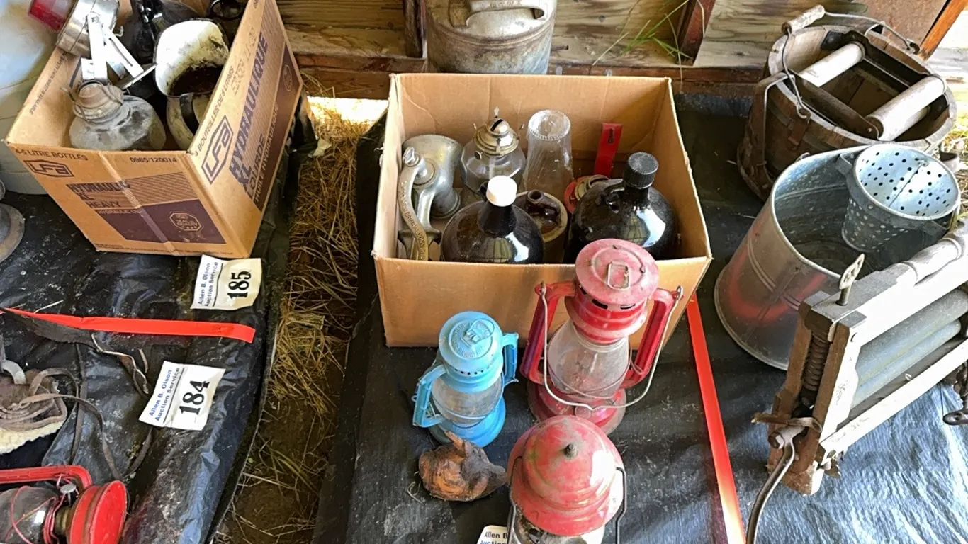 LANTERNS, MILK CAN, LAMP, MEAT GRINDER & MORE