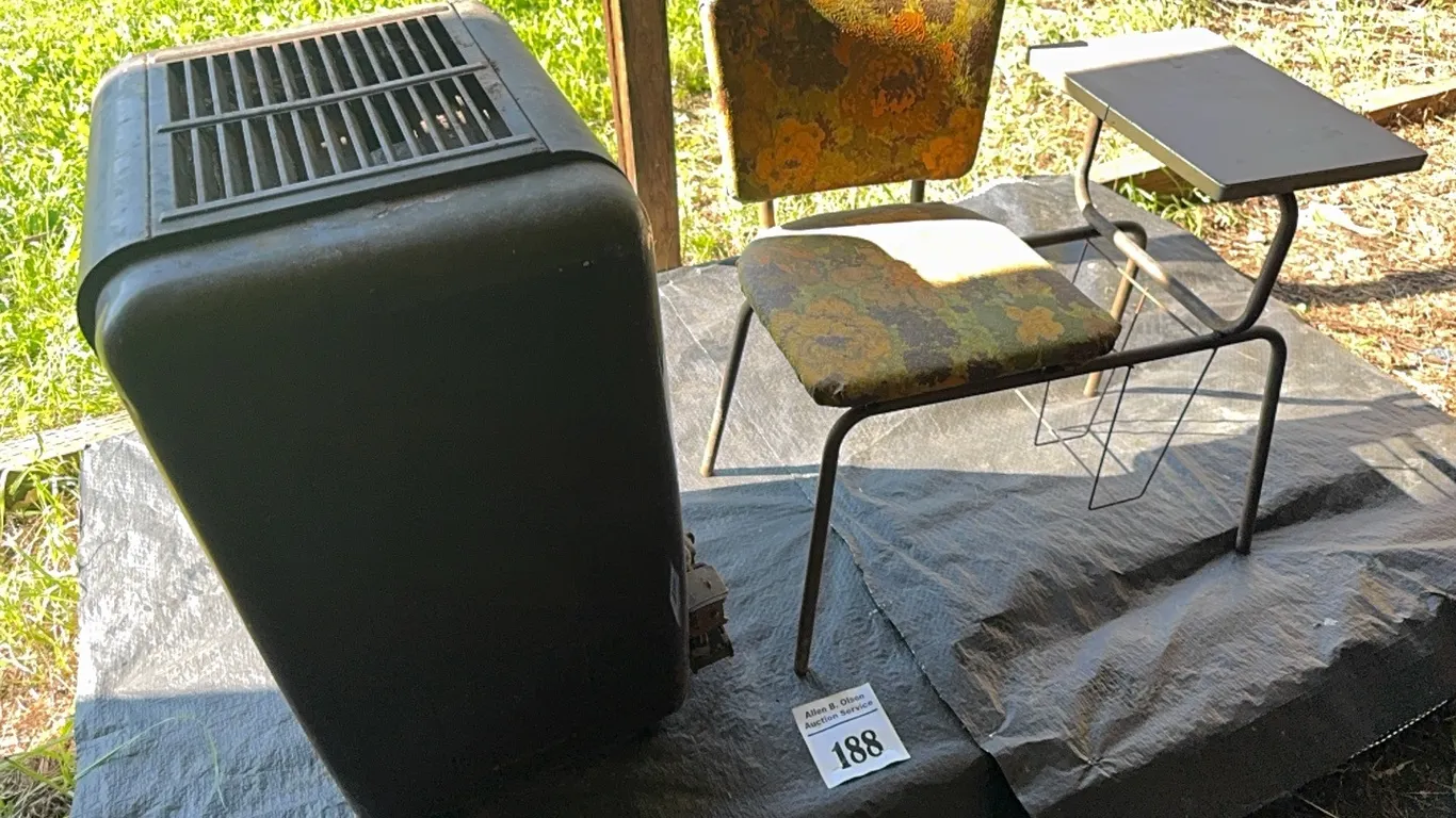 VINTAGE 2111 COLEMAN HEATER & CHAIR w/ SIDE TABLE