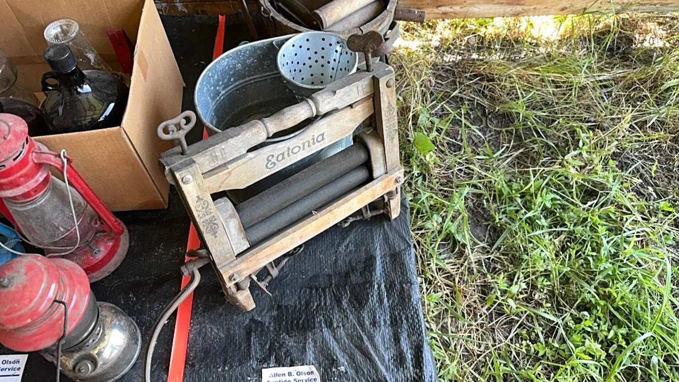 VINTAGE COLLECTION, MOP BUCKET, CLOTHES RINGER & CROSSCUT SAW