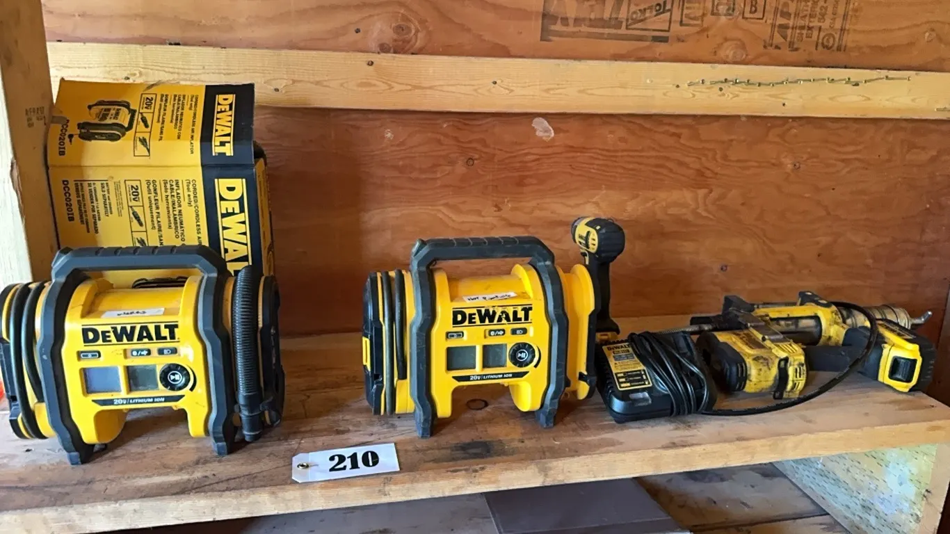 2 - CORDED PORTABLE AIR COMPRESSORS (1 IS NOT WORKING), CORDLESS DRILL & GREASE GUN w/ CHARGER