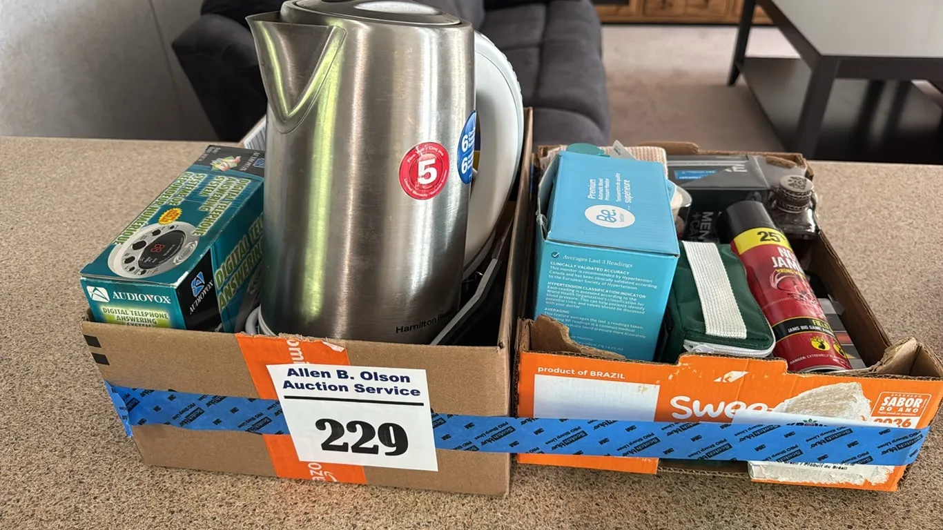 ELECTRIC TEA KETTLE, TELEPHONE ANSWER SYSTEM, ENVELOPES, NOSE JAMMER FIELD SPRAY, FLASH LIGHTS, BP MONITOR, TENSOR BANDAGE & MORE
