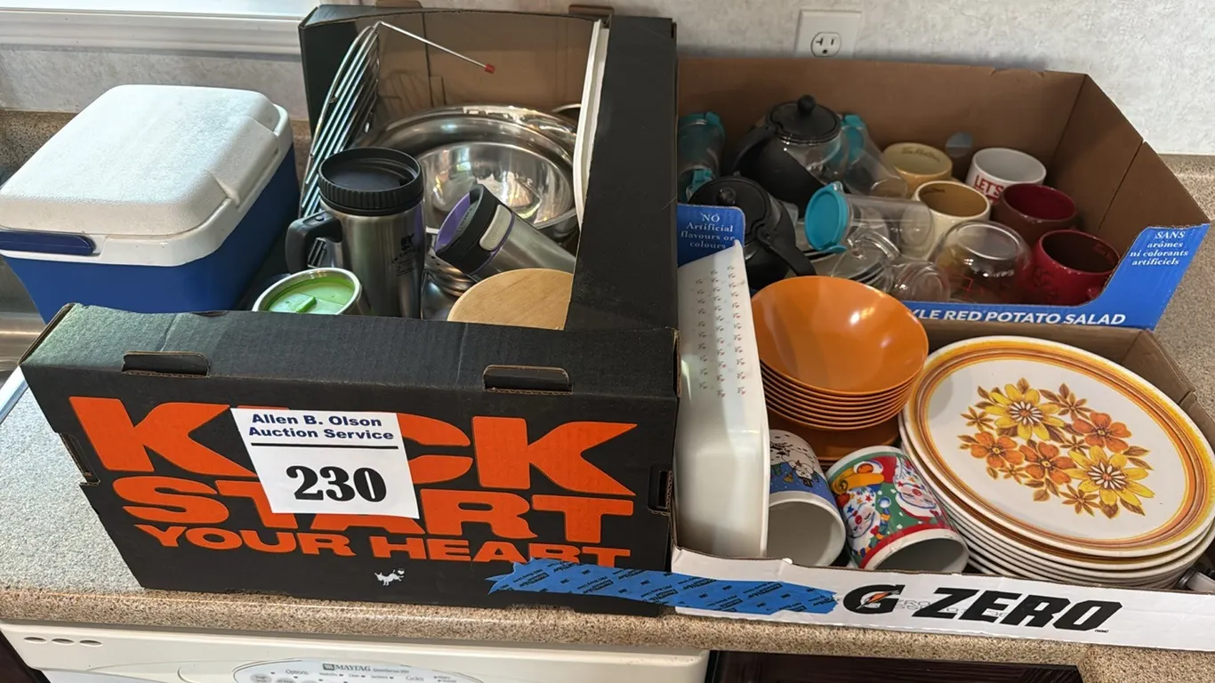 ASSORT COFFEE MUGS, PLATES, DISHES, SMALL COOLER, THERMOS, TRAVEL MUGS , STAINLESS STEEL BOWLS & MORE