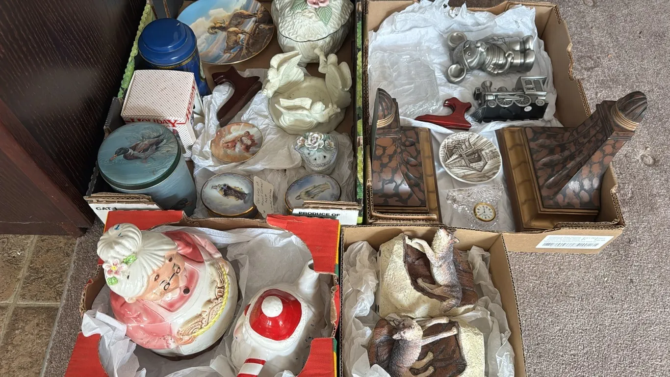 ASSORT COLLECTION OF PLATES, DISHES, WOLF BOOKENDS, TRAIN, DECORATIVE CANS & MORE
