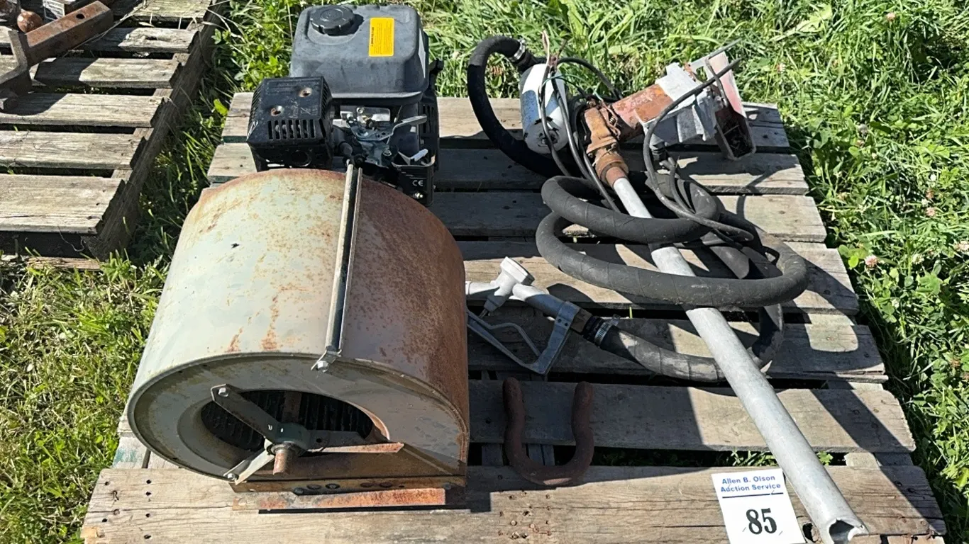 12V ELECTRIC FUEL PUMP, 6.5 HP GAS ENGINE & SCROLL CAGE FAN - CONDITION UNKNOWN