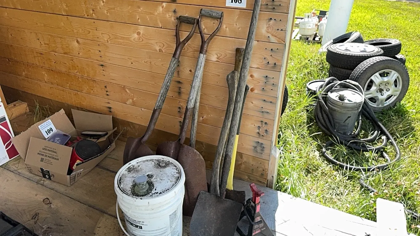 COLLECTION OF SHOVELS, AXES, JACK STAND & 1/2 PAIL OF ROTELLA T15-40 MOTOR OIL