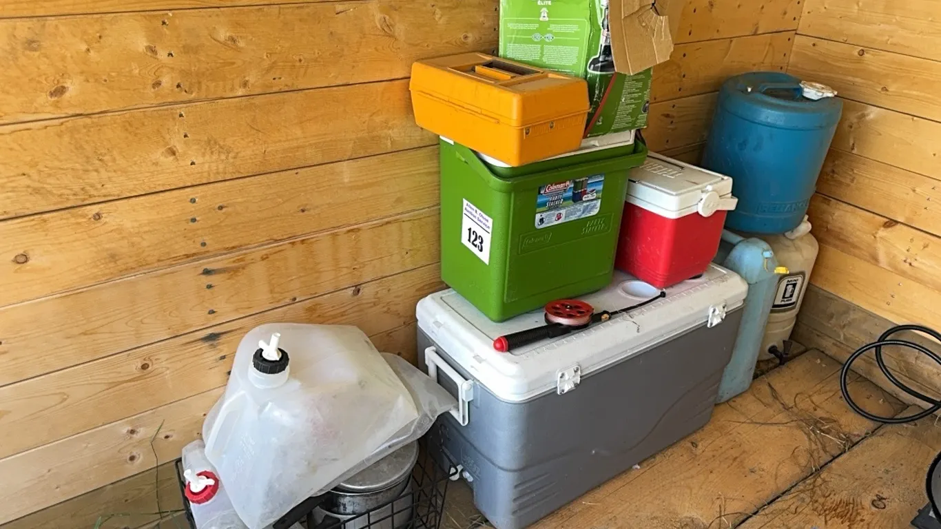 ASSORT COOLERS, WATER JUGS, COLEMAN PROPANE LANTERN, ICE FISHING ROD & MORE