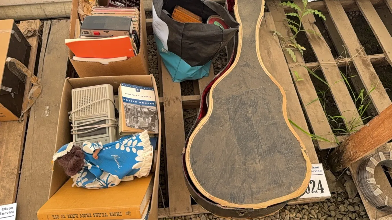 GUITAR & CASE, ANTIQUE BOOKS, TAPE RECORDER & TAPES, DOLL, HOT WHEELS CARS, ASST COLLECTOR TINS