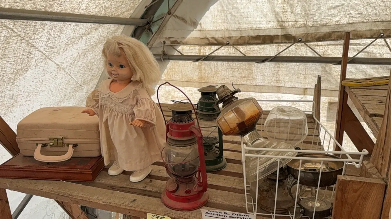 VARIOUS ANTIQUES INCLUDING DOLL, HAIR DRYER, LANTERNS