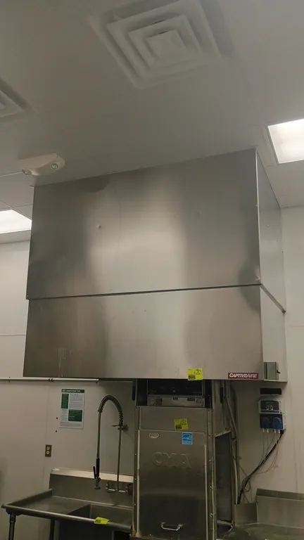 CaptiveAire stainless steel exhaust hood. Includes rooftop exhaust fan. 72"W x 48"D x 62"H. Dishwasher and surrounding equipment not included. Note: B